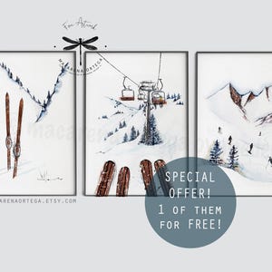 SKIING ART SET von 3 Drucken 1 davon kostenlos !! Berg Winter Geschenk Weihnachten Ski Kunstdrucke Ski Wand Kunst Geschenke