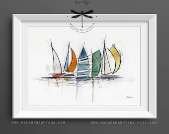 Colorful Sailboats, Watercolor Art Print, Nautical Coastal Wall Art, by Macarena Ortega | N126