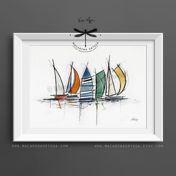 Regatta Sailboat Watercolor Art Print | Nautical Coastal Painting | Sailing Boat Artwork | Beach Cottage decor | by Macarena Ortega | N126