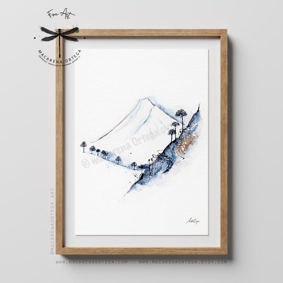 Llaima Volcano Watercolor Art Print | Araucaria Tree Painting | Chile Landscape Art | Winter Outdoor Adventure | by Macarena Ortega | N46