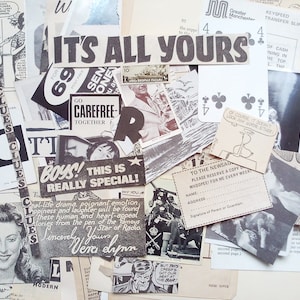 Black & white paper ephemera pack of 50 mixed pieces. Lucky dip pack for eco friendly scrapbooks, collage, altered art, smash books EP607A