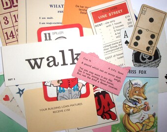 Game cards vintage paper ephemera pack: mixed pack of 20 pieces. Bingo cards, Monopoly cards for scrapbooks, collage, journals OT993