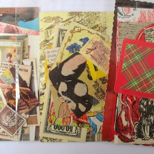 May include: A collection of vintage ephemera, including stamps, postcards, and illustrations. The assortment features a red plaid card, comic book art, and a variety of printed materials. The items are arranged in a clear plastic sleeve.