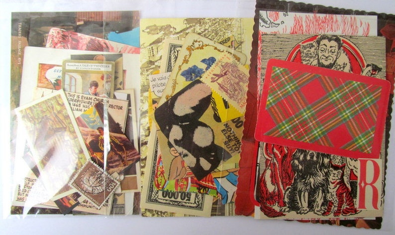 May include: A collection of vintage ephemera, including stamps, postcards, and illustrations. The assortment features a red plaid card, comic book art, and a variety of printed materials. The items are arranged in a clear plastic sleeve.