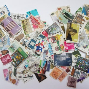 Mixed vintage UK stamps: pack of 100 used off paper stamps in various designs. Ephemera supply for collage, decoupage, art journaling S92