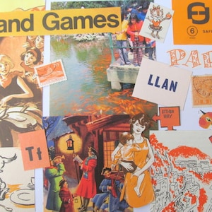 May include: A collage with the words "Fun and Games" at the top. It includes illustrations of people, animals, and buildings, along with stamps, the word "PARTY", and the text "LLAN". There are also arrows with the words "EITHER WAY" and "THIS WAY".