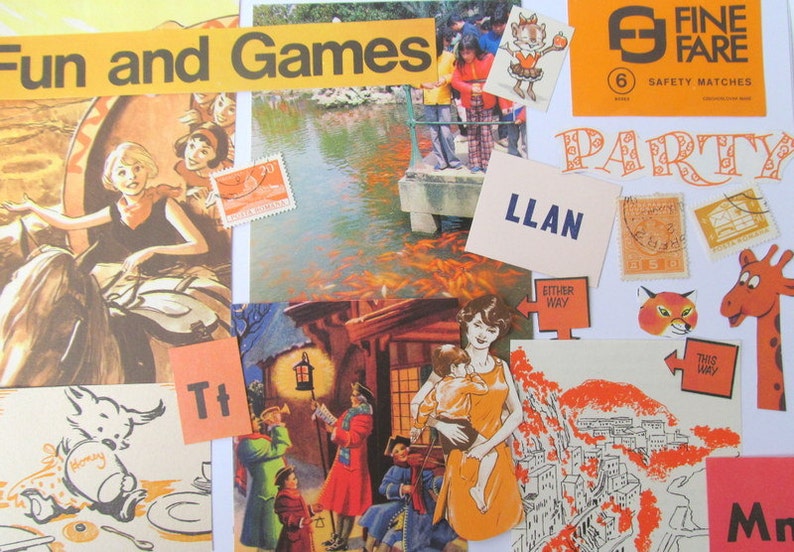 May include: A collage with the words "Fun and Games" at the top. It includes illustrations of people, animals, and buildings, along with stamps, the word "PARTY", and the text "LLAN". There are also arrows with the words "EITHER WAY" and "THIS WAY".