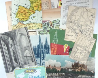 Spain themed paper ephemera: 40 mixed vintage paper pieces, postcard, stamps. For scrapbook, travel journal, collage EP462B