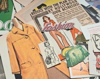 Puede incluir: Un collage de papel vintage que incluye una ilustración de un abrigo color canela, un recorte de una persona con ropa naranja y la palabra Fashion, un boceto en blanco y negro de una persona con un bolso y una ilustración de un bolso verde.