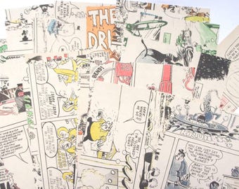 Puede incluir: Un conjunto de páginas de cómics vintage con ilustraciones en blanco y negro y toques de color. Las páginas muestran varios paneles con bocadillos y escenas de acción, creando una estética retro.