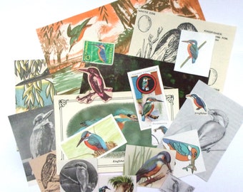 Kingfisher themed ephemera pack: 20 vintage paper pieces, postcards for scrapbooks, art journals, collage EP429B