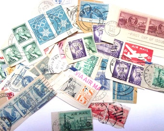 Vintage US stamps with postmarks - pack of 30.  Paper ephemera for scrapbooks, travel journal, collage S96