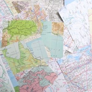 Vintage map scrap pack: 50 or 100 assorted offcut map paper pieces. Ephemera craft supply for scrapbooks, collage, decoupage. M50