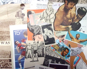 Boxing themed vintage paper ephemera: 30 sports paper pieces, pictures, cut outs for scrapbooks, journaling, collage, crafting EP351B