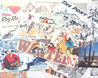Vintage cowboy craft pack: 40 paper pieces handcut from books. Lucky dip ephemera pack for scrapbooks, collage, paper craft EP305A