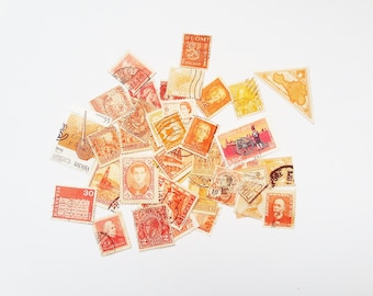 Vintage orange used postage stamps: pack of 30 off paper stamps from various countries. Embellishment for scrapbooks, journals S72