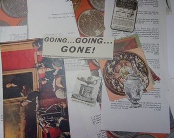 Auction themed paper ephemera collection: 35 vintage pieces, cut outs, postcard. Craft pack for scrapbooking, journaling. EP290B