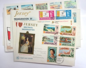 Vintage Jersey, Channel Islands first day covers: 19 stamped, postmarked envelopes. Collectible or for use in craft, collage OT911