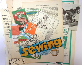 Vintage sewing themed paper ephemera kit: 32 mixed pieces. Mixed ephemera supply for scrapbooks, journals, collage EP378B