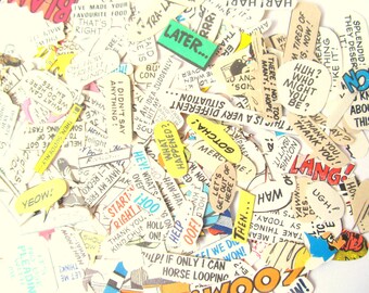 50 burbujas de discurso y subtítulos de cómics vintage. Paquete aleatorio de adornos de papel. Para álbumes de recortes, fotos, diarios.