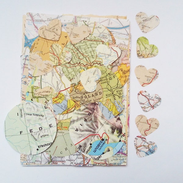 Vintage maps mixed shape scrap paper pack - 50 scraps, 2 inch circles, 1 inch hearts. Paper ephemera for scrapbooks, travel journals M64