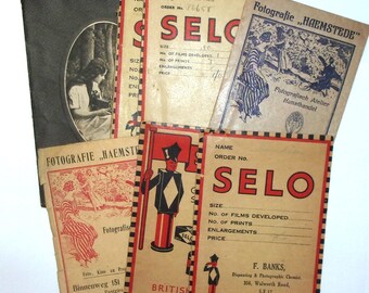 Vintage photograph envelopes/ wallets: set of 7 original paper packets from Kodak, Selo. Ephemera for scrapbooks, journals, collage