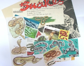Snake themed craft paper: 30 pieces of vintage paper ephemera. Scrap pack for scrapbook, collage, art journals EP426B
