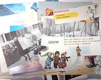 Vintage snow themed craft pack: 30 pieces of snowy day paper ephemera. Die cuts and pictures for scrapbooks, card making, journals. EP405B