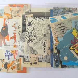 May include: A collection of vintage ephemera, including comic strips, tickets, and postcards. The assortment features various colors and styles, with some pieces displaying text and illustrations. The items are contained within clear plastic sleeves.