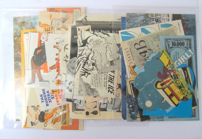 May include: A collection of vintage ephemera, including comic strips, tickets, and postcards. The assortment features various colors and styles, with some pieces displaying text and illustrations. The items are contained within clear plastic sleeves.