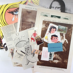 Collection d'éphémères en papier sur le thème de l'art et des artistes : 32 pièces vintage, découpages, cartes postales. Pack d'artisanat pour le scrapbooking, la tenue d'un journal. EP592B