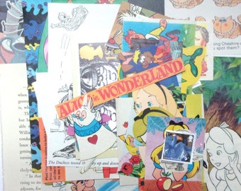 Alice in Wonderland paper craft pack: 35 vintage pieces including illustrations, die cuts. Kit for scrapbooks, collage, altered art. PE466B