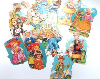 Vintage embossed die cuts: pack of 23 different pictures. Colourful children, flowers, animals for scrapbooks, art journal PE815