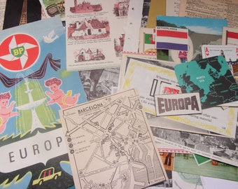 Europe themed paper craft pack: 50 vintage paper ephemera pieces including postcards, maps. For scrapbooks, travel journals, collage EP318B