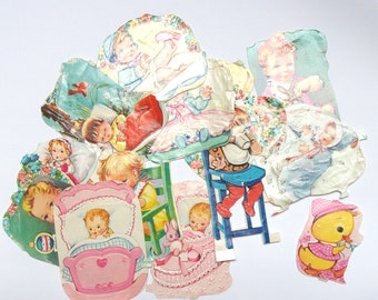 Vintage embossed die cuts: pack of 18 different pictures. Colourful babies, toys, children for scrapbooks, art journal PE816