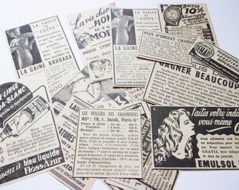 Vintage French adverts: pack of 20 small ads cut from 1940s newspapers. Embellishment for scrapbooks, journaling, collage OT929