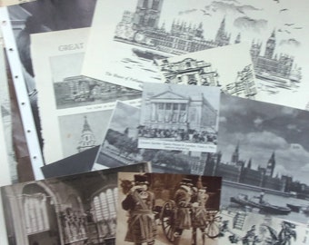 London UK paper ephemera pack: 38 black and white vintage pieces inc. cut outs, pictures. Craft pack for travel journals, scrapbooks. EP463B