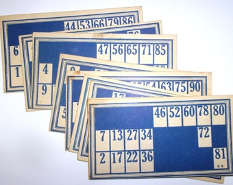 Vintage bingo cards: 10 blue and white game cards. Ephemera for scrapbooks, art journal, mixed media. OT979