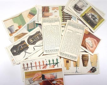 May include: A collection of vintage cigarette cards featuring household hints and tips. The cards are printed in black and white with illustrations and text. The cards include tips on how to make a simple barometer, how to get rid of moths, and how to replace loose screws.