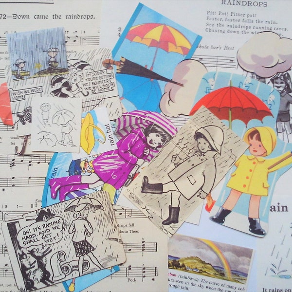 Rainy Day themed paper craft kit: 25 vintage paper pieces including die cuts, pictures. Ephemera pack for scrapbooks, journals EP369A