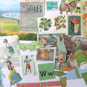 May include: A collage of vintage ephemera, including stamps, illustrations, and cut-out figures. The image features a green alligator, a mermaid, a biplane, and the text "Amazing $1 Offer".