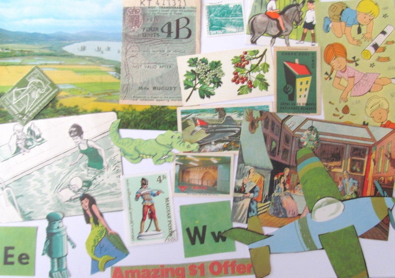 May include: A collage of vintage ephemera, including stamps, illustrations, and cut-out figures. The image features a green alligator, a mermaid, a biplane, and the text "Amazing $1 Offer".
