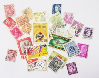 Rainbow coloured vintage postage stamps: pack of 30 used off paper stamps. Ephemera supply for journals, collage, scrapbook S82