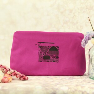 Mulberry Colour Zip Bag/ Pouch With A Crochet Themed Print.