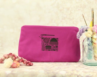 Mulberry Colour Zip Bag/ Pouch With A Crochet Themed Print.