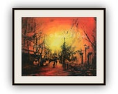 PRINT, Cape Town, South Africa, city scene, urban art, original mixed media collage, Mother City, yellow, orange, red, glow, sunrise, sunset
