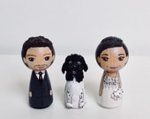 Cake Topper/Wedding Couple + Pet/Anniversary gift/Personalised/3 Peg dolls /dog - 7 cm tall