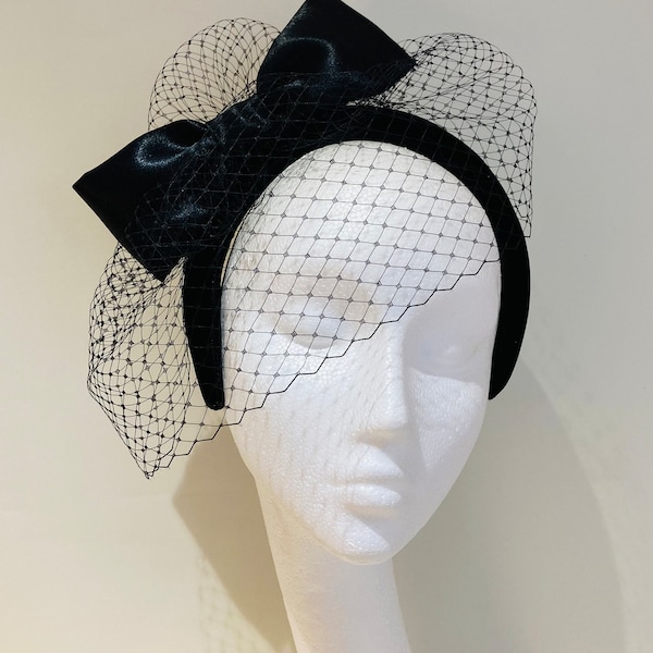 Black Padded Velvet Headband Fascinator Headpiece with Black Veil and Satin Bow