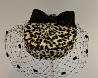 Beautiful Leopard Print Pillbox Hat, Races, Wedding, Vintage Style, Leopard Print, Veiled Hat