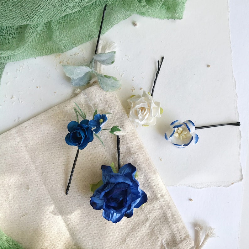 flower bobby pins blue floral hair pins blue flower bobby pins set of 9 hair pins Blue flower hair pins ivory bridal flower hair clip